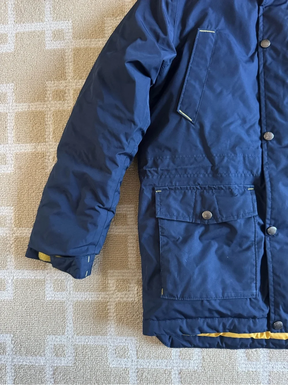 Lands’ End Kids Down Parka Sherpa Lined Hooded Coat Navy Yellow Medium 10-12